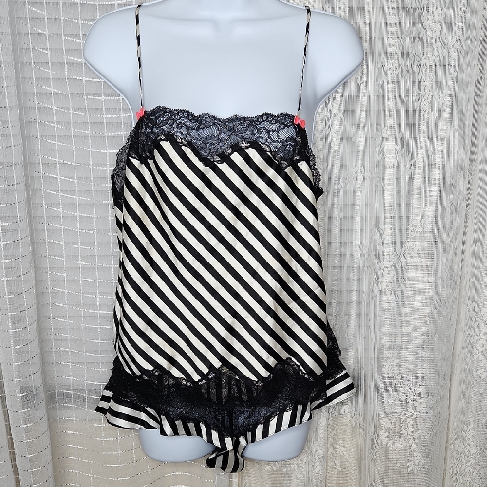 Vintage Victoria's Secret Black & White Striped Satin Lace Trim Cami & Shorts M